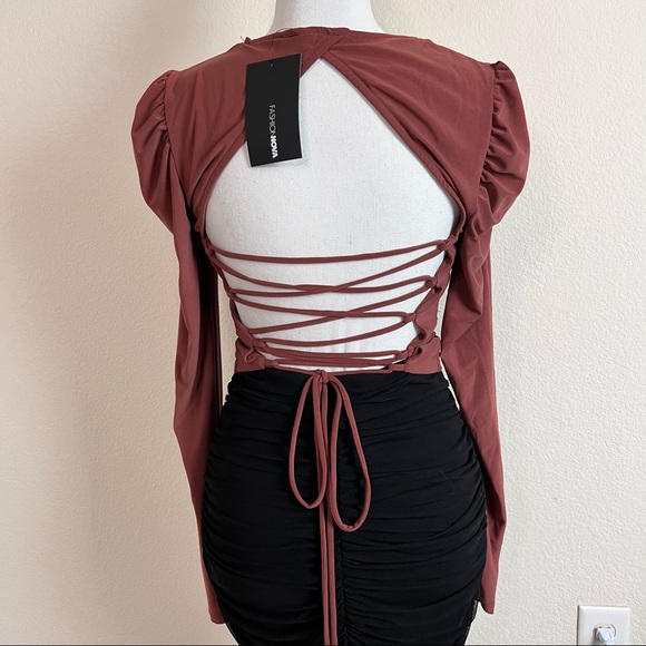 NWT Marsala Brown Puff Sleeve Square Neck Lace Up Long Sleeve Crop Top - Picture 6 of 15